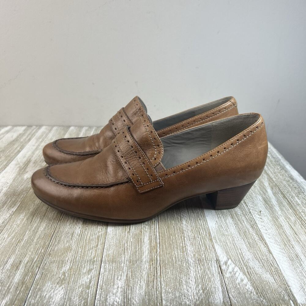 Ecco Shoes Brown Leather Slip On Block Heel Dress Loafer Women 8/38